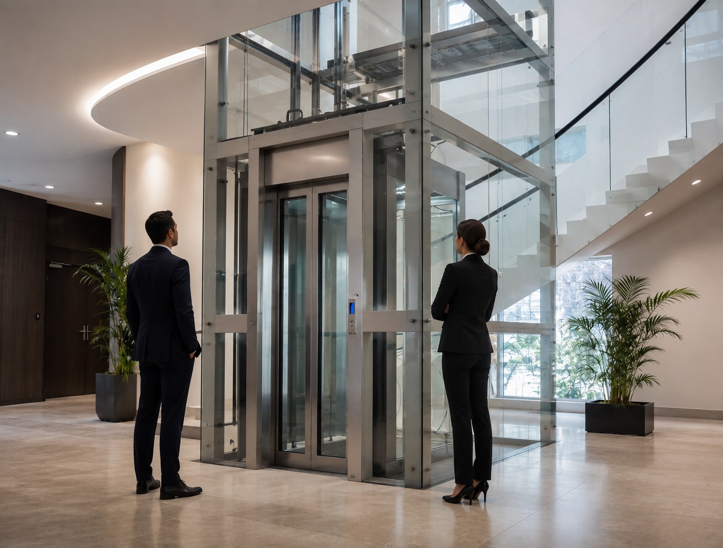 A completed Bauher panoramic elevator installation in an office lobby